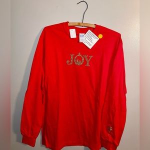 Bright red Christmas themed long sleeve t-shirt with gold sparkle emblem, NWT